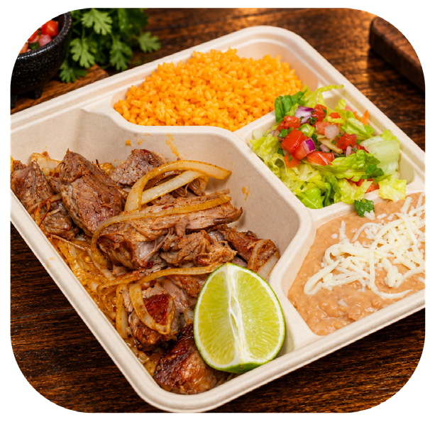 Carnitas plate with grilled onions, lime, rice, refried beans with cheese and salad